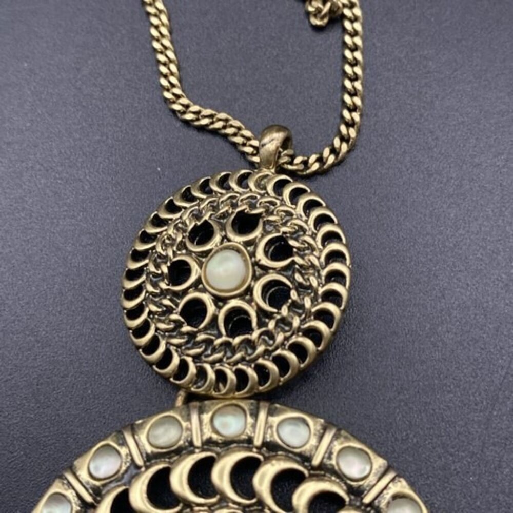 Lucky Brand Necklace Gold Tone Tribal Double Disk Crescent Faux Moon Stone 29+2" - Picture 8 of 8
